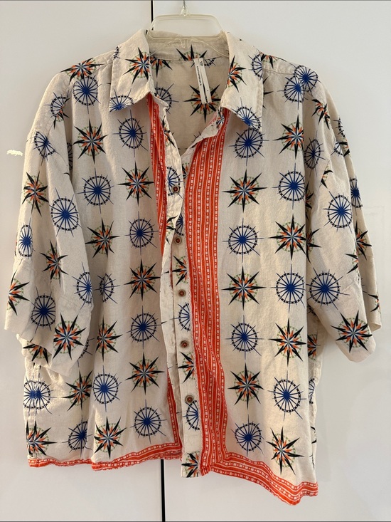 Anthropologie Tops - AnthropologieCream Short-Sleeve Button-Up Shirt with Navy & Orange Compass Print